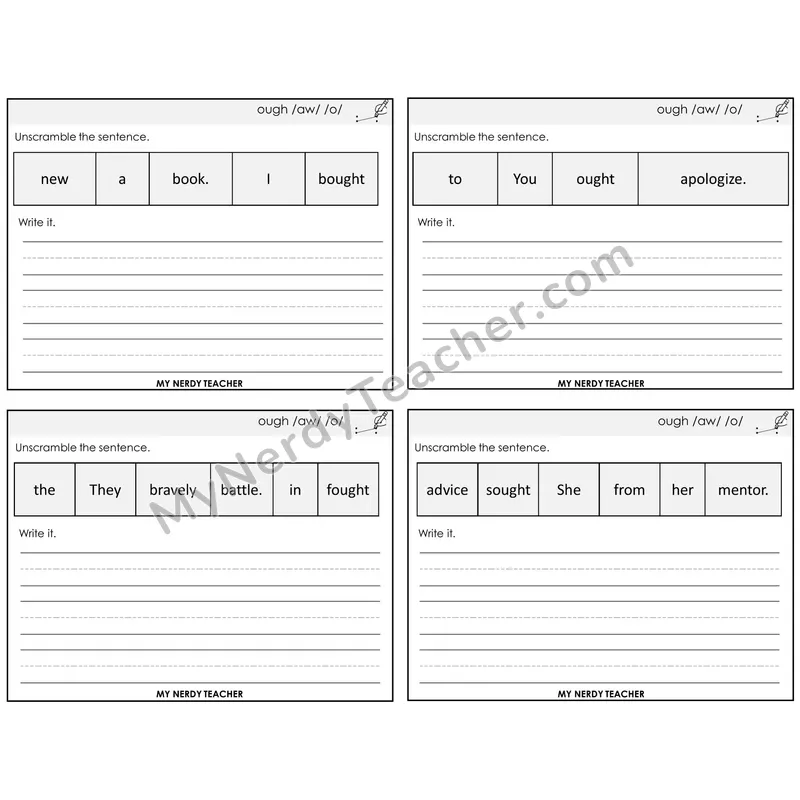 ough Spellings Unscramble and Write Task Cards — Decodable Sentences