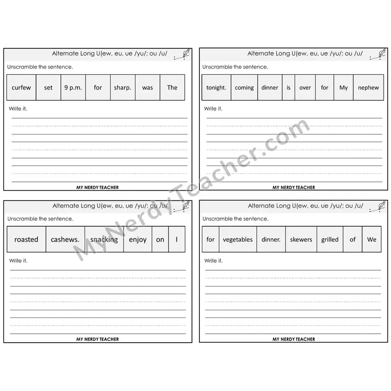 Alternate Long U Spellings Unscramble and Write Task Cards — Decodable Sentences