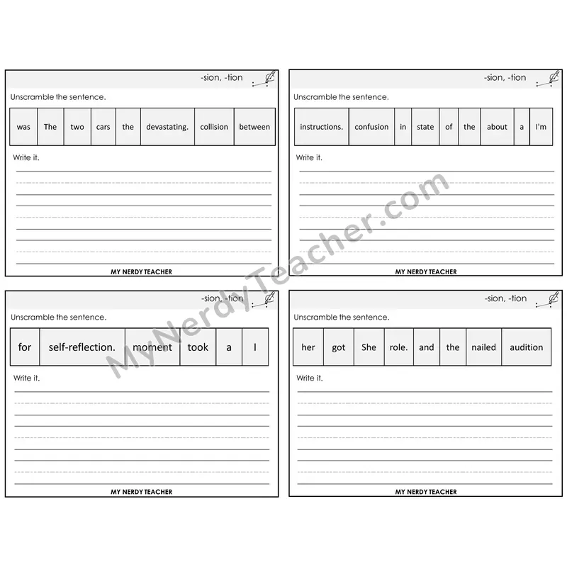 Suffixes -sion and -tion Unscramble and Write Task Cards — Decodable Sentences