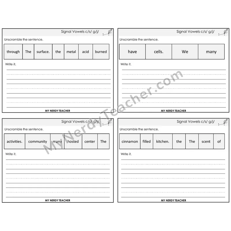 Signal Vowels (c/g soft) Unscramble and Write Task Cards — Decodable Sentences