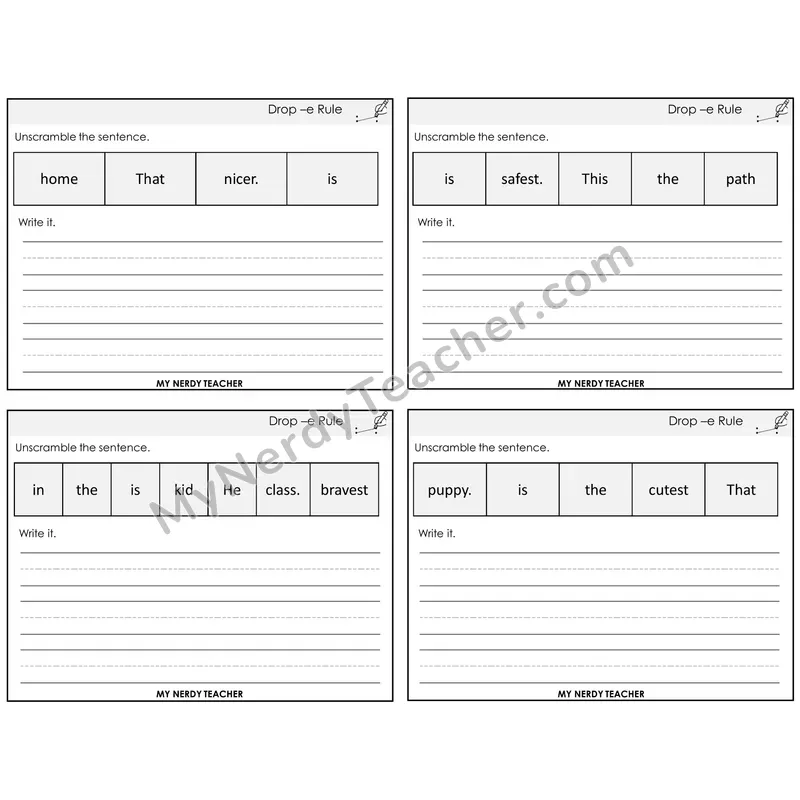Drop -e Rule Unscramble and Write Task Cards — Decodable Sentences