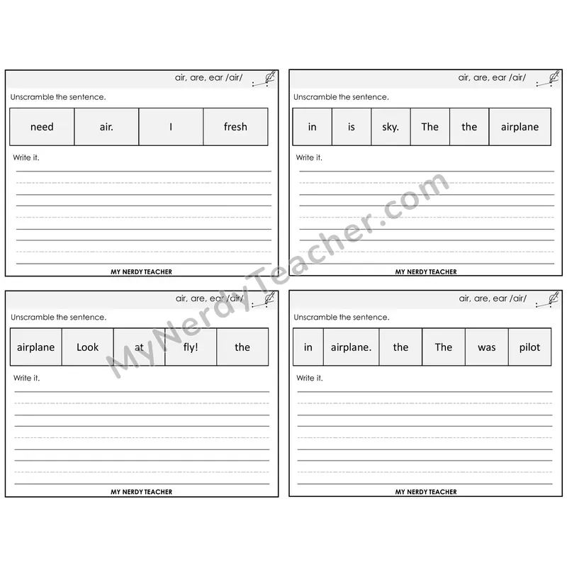 air, are, ear (/air/) Unscramble and Write Task Cards — Decodable Sentences