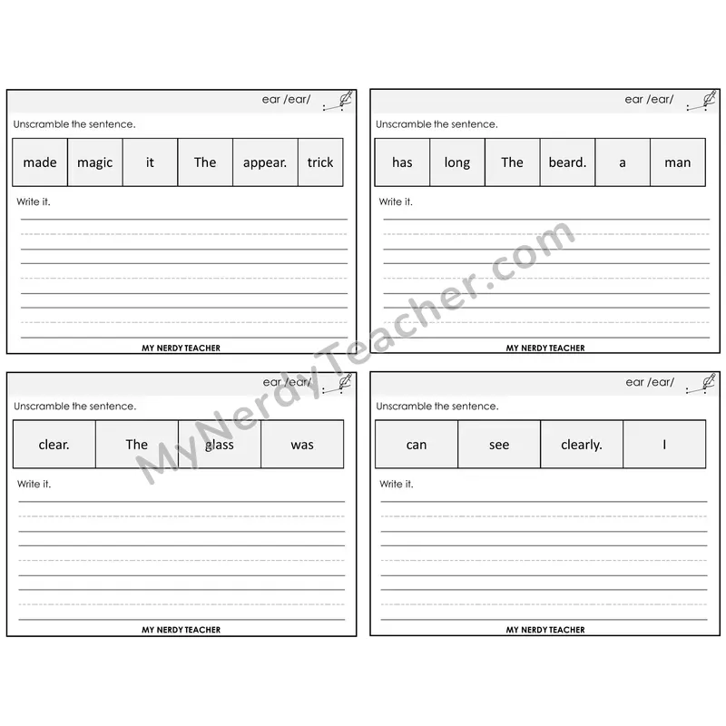ear (/ear/) Unscramble and Write Task Cards — Decodable Sentences