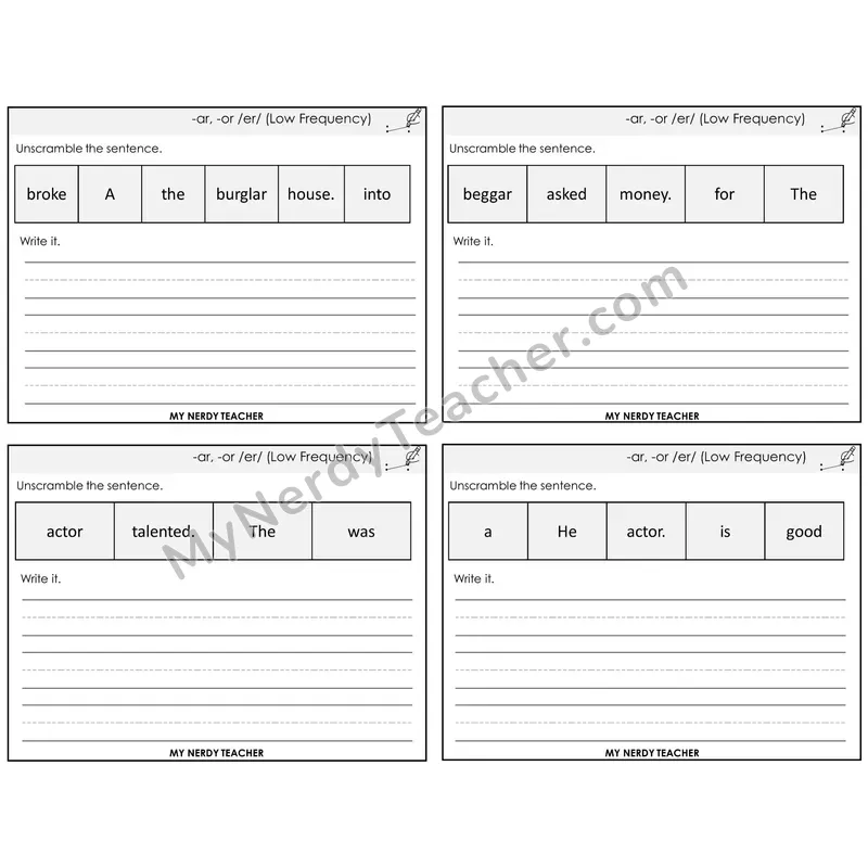 -ar and -or (/er/) Unscramble and Write Task Cards — Decodable Sentences