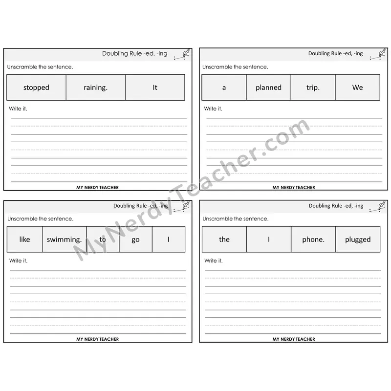 Doubling Rule -ed, -ing Unscramble and Write Task Cards — Decodable Sentences