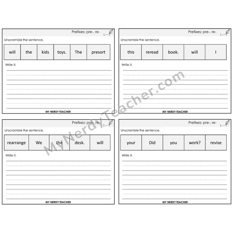 Prefixes pre- and re- Unscramble and Write Task Cards — Decodable Sentences