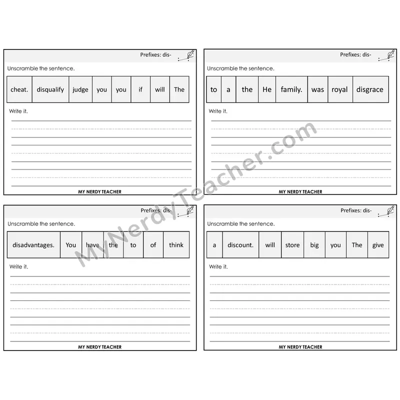 Prefix dis- Unscramble and Write Task Cards — Decodable Sentences
