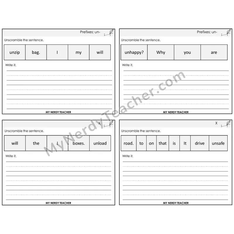 Prefix un- Unscramble and Write Task Cards — Decodable Sentences