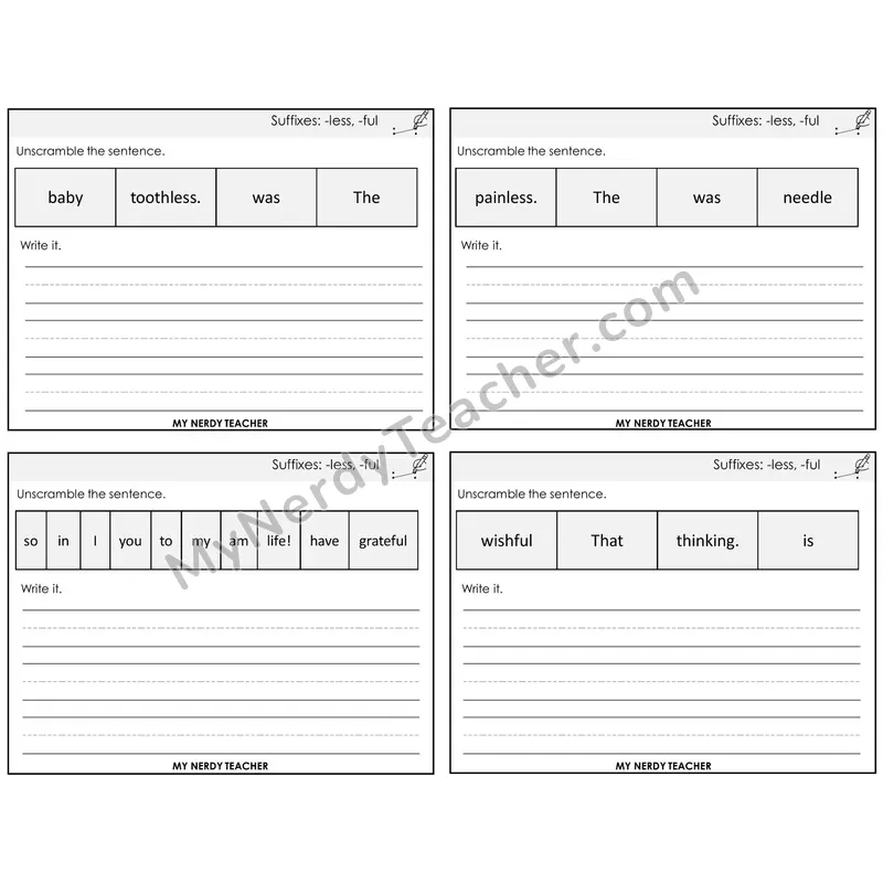 Suffixes -less and -ful Unscramble and Write Task Cards — Decodable Sentences