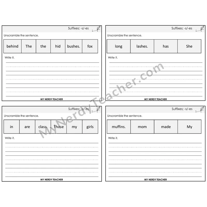 Suffixes -s and -es Unscramble and Write Task Cards — Decodable Sentences