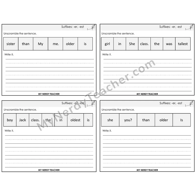 Suffixes -er and -est Unscramble and Write Task Cards — Decodable Sentences
