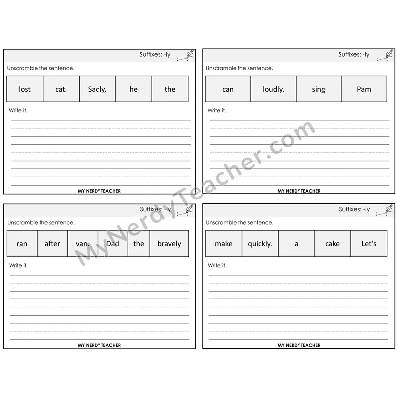 Suffix -ly Unscramble and Write Task Cards — Decodable Sentences