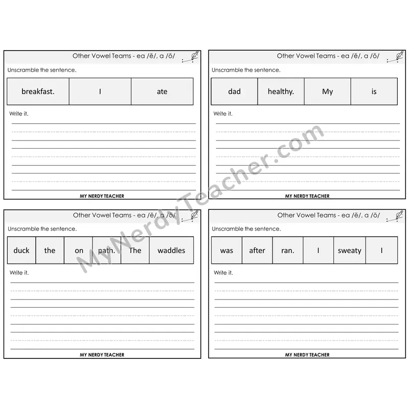 EA (short e) and A (short o) Unscramble and Write Task Cards — Decodable Sentences