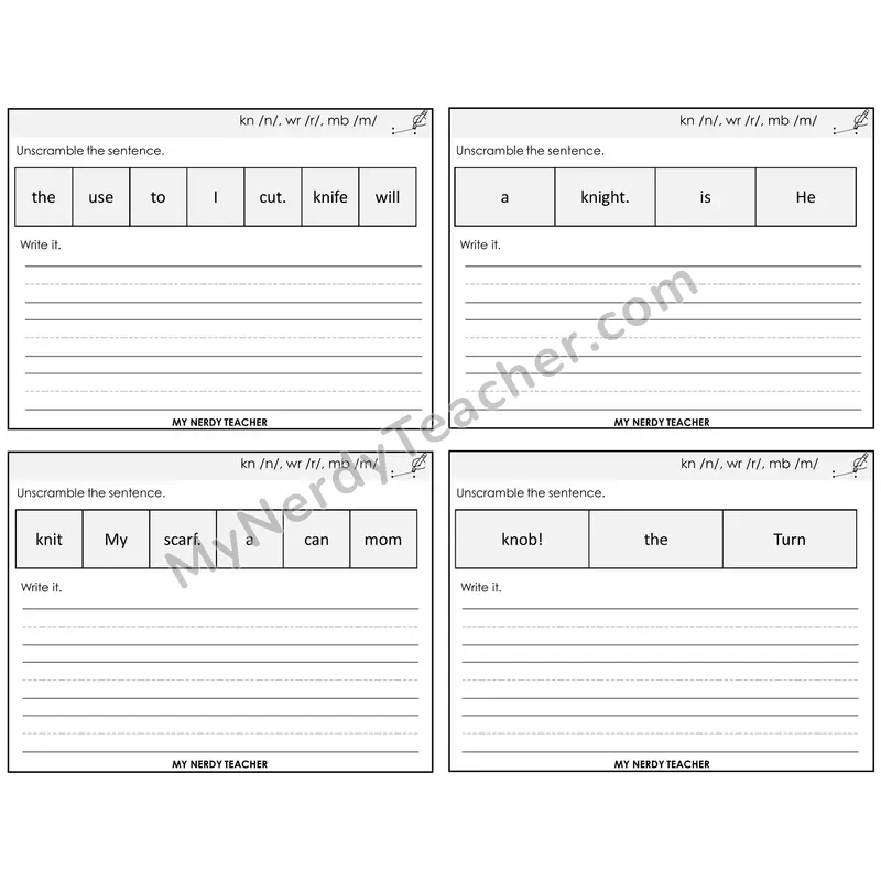 Silent Letters (kn, wr, mb) Unscramble and Write Task Cards — Decodable Sentences