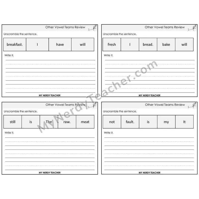 Other Vowel Teams Review Unscramble and Write Task Cards — Decodable Sentences