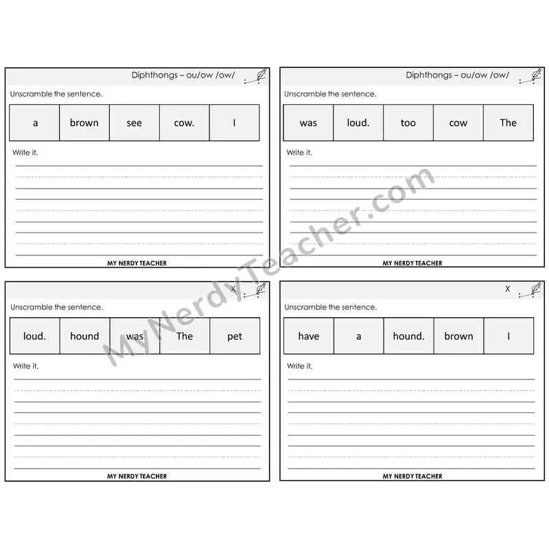 Diphthong OU and OW Unscramble and Write Task Cards — Decodable Sentences