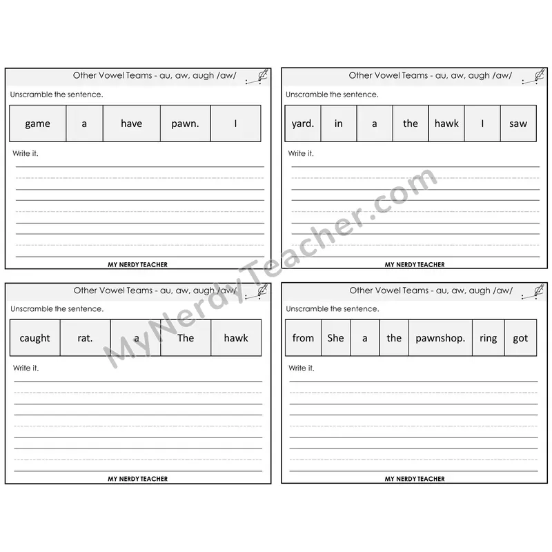 AU, AW, AUGH (/aw/) Unscramble and Write Task Cards — Decodable Sentences
