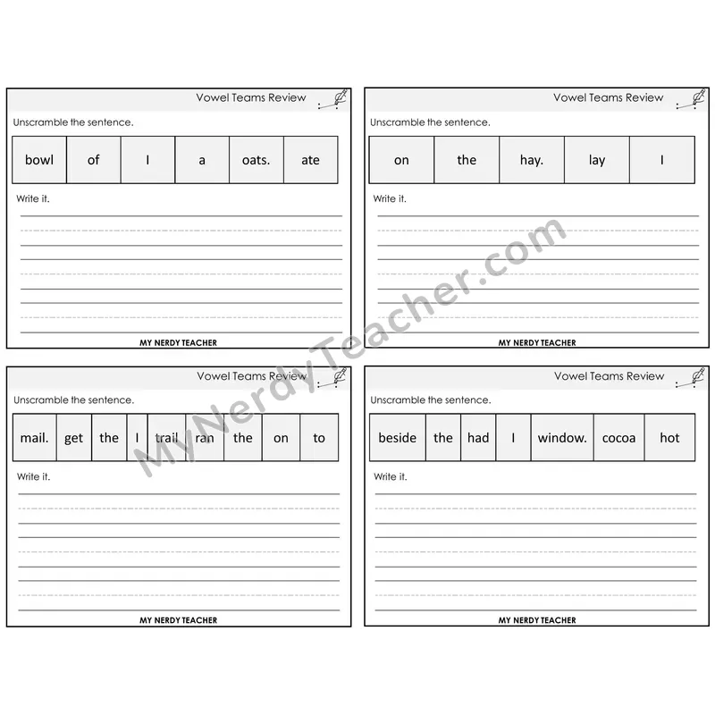 Long Vowel Teams Review Unscramble and Write Task Cards — Decodable Sentences