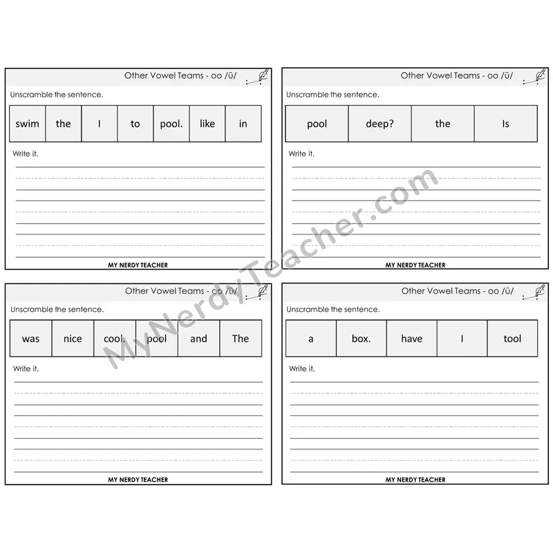 Long OO (/ū/) Unscramble and Write Task Cards — Decodable Sentences