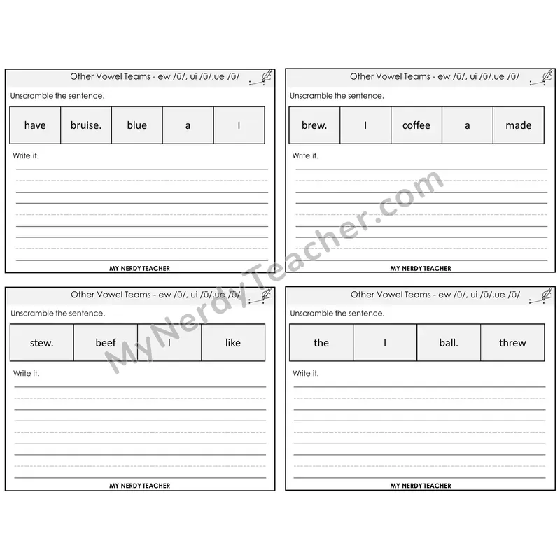 Long U (ew, ui, ue) Unscramble and Write Task Cards — Decodable Sentences