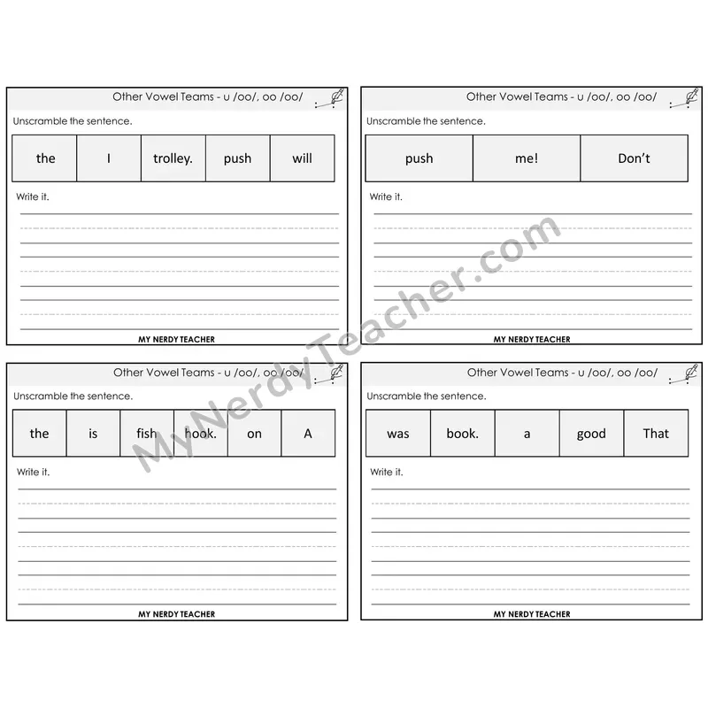 Short OO and U (/oo/) Unscramble and Write Task Cards — Decodable Sentences