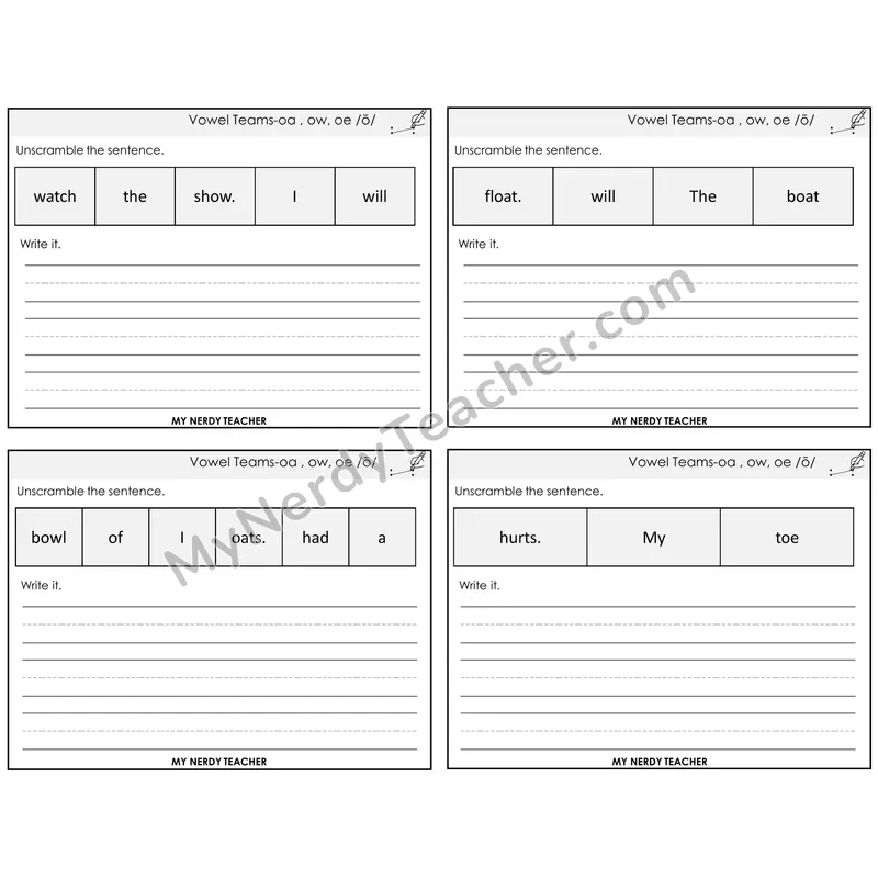 Long O Vowel Teams (oa, ow, oe) Unscramble and Write Task Cards — Decodable Sentences