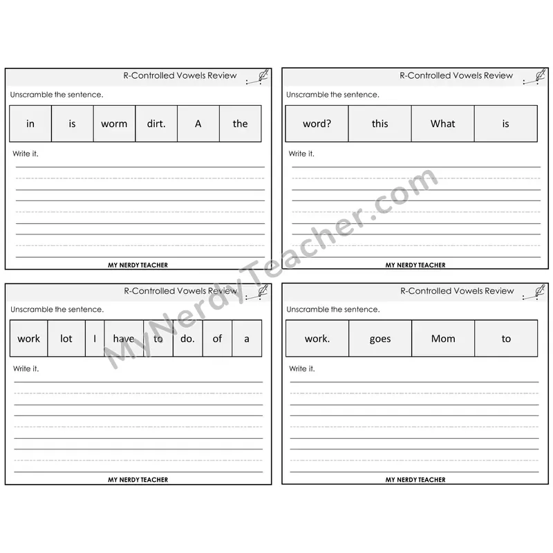 R-Controlled Vowels Review Unscramble and Write Task Cards — Decodable Sentences