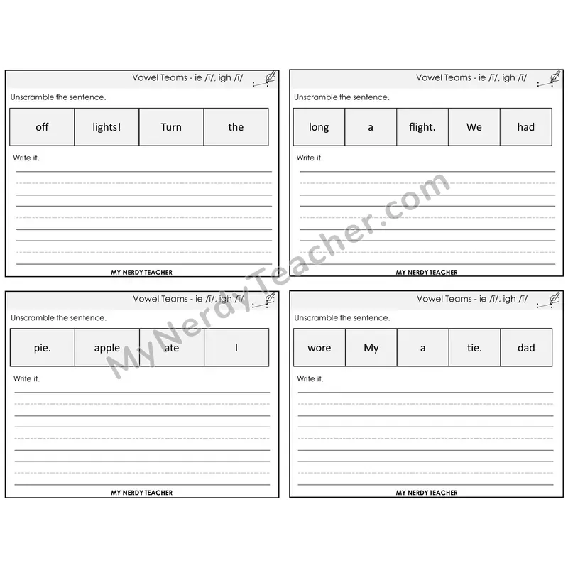 Long I Vowel Teams (ie, igh) Unscramble and Write Task Cards — Decodable Sentences