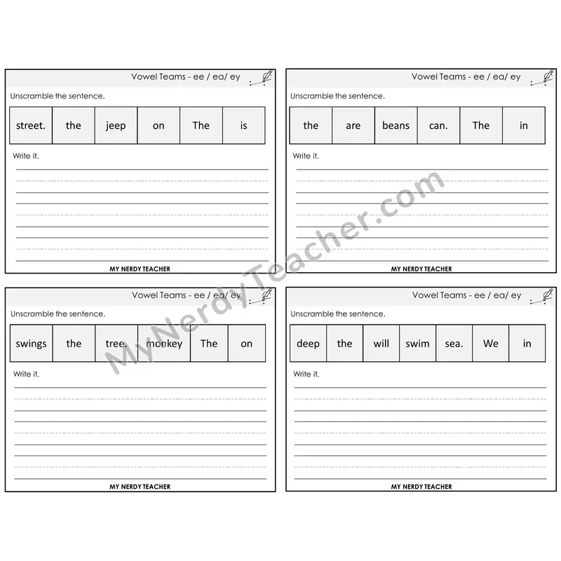 Long E Vowel Teams (ee, ea, ey) Unscramble and Write Task Cards — Decodable Sentences