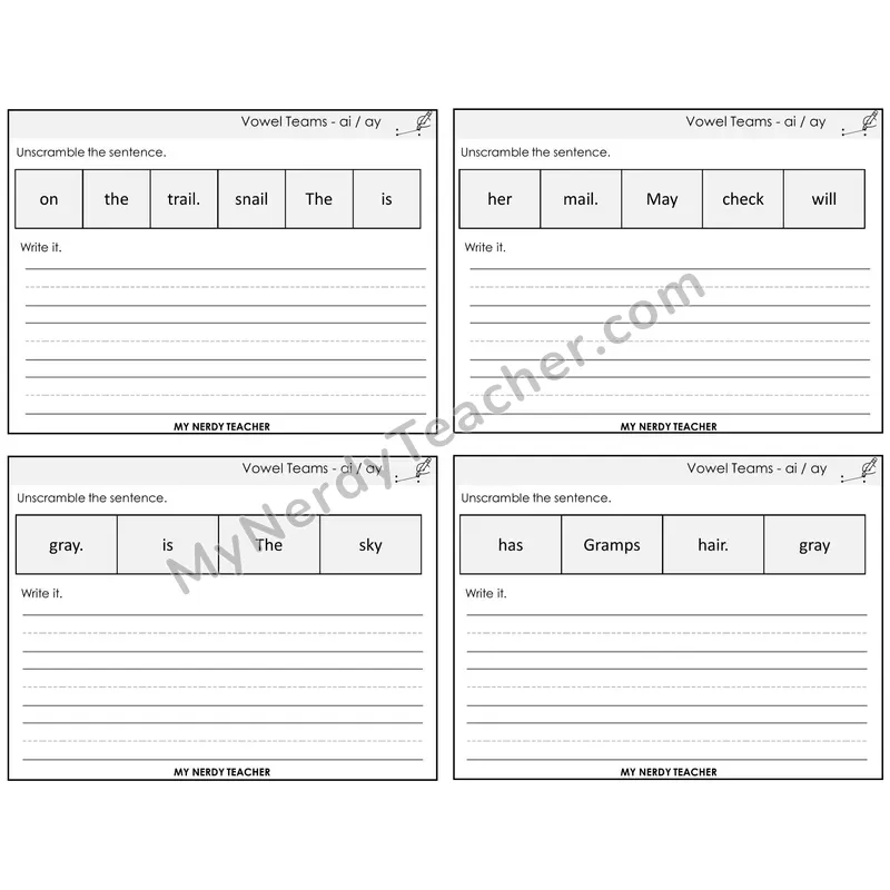 Long A Vowel Teams (ai, ay) Unscramble and Write Task Cards — Decodable Sentences