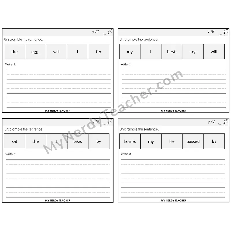 Y as Long I Unscramble and Write Task Cards — Decodable Sentences