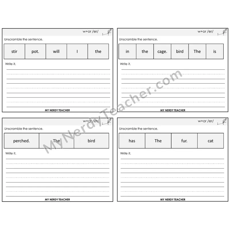 W+OR spelling /er/ Unscramble and Write Task Cards — Decodable Sentences