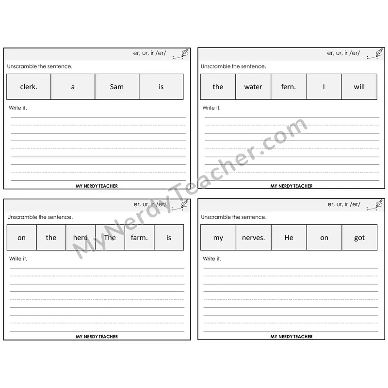 R-Controlled ER, UR, IR Unscramble and Write Task Cards — Decodable Sentences