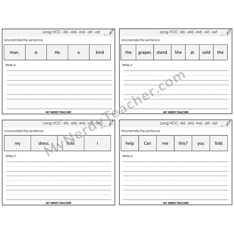 Long VCC Patterns Unscramble and Write Task Cards — Decodable Sentences