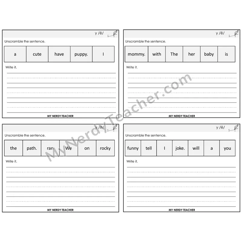 Y as Long E Unscramble and Write Task Cards — Decodable Sentences