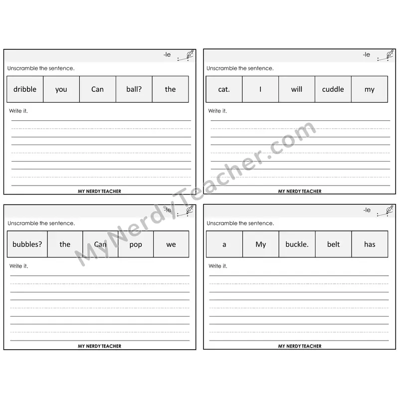 Consonant -le Unscramble and Write Task Cards — Decodable Sentences