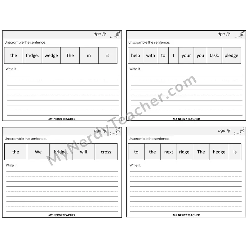 DGE Trigraph Unscramble and Write Task Cards — Decodable Sentences
