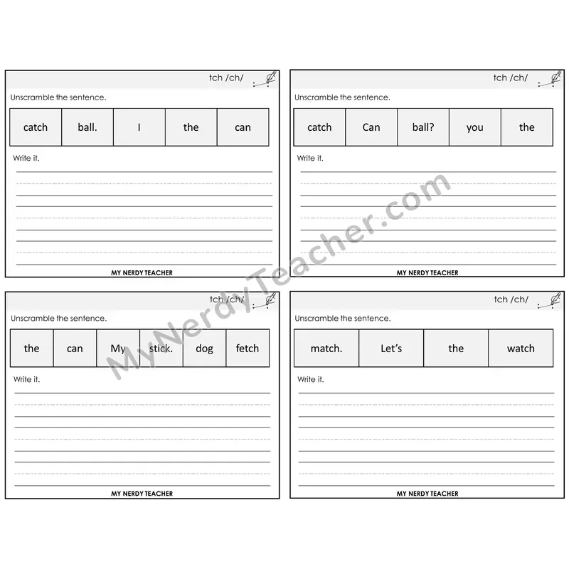 TCH Trigraph Unscramble and Write Task Cards — Decodable Sentences
