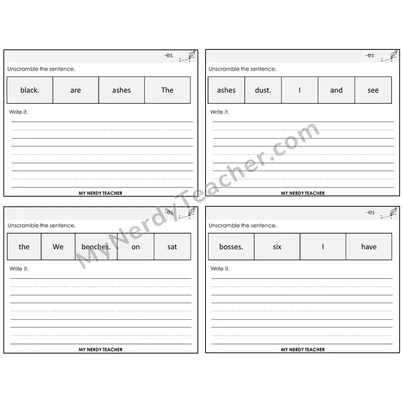 Suffix -es (Inflectional) Unscramble and Write Task Cards — Decodable Sentences