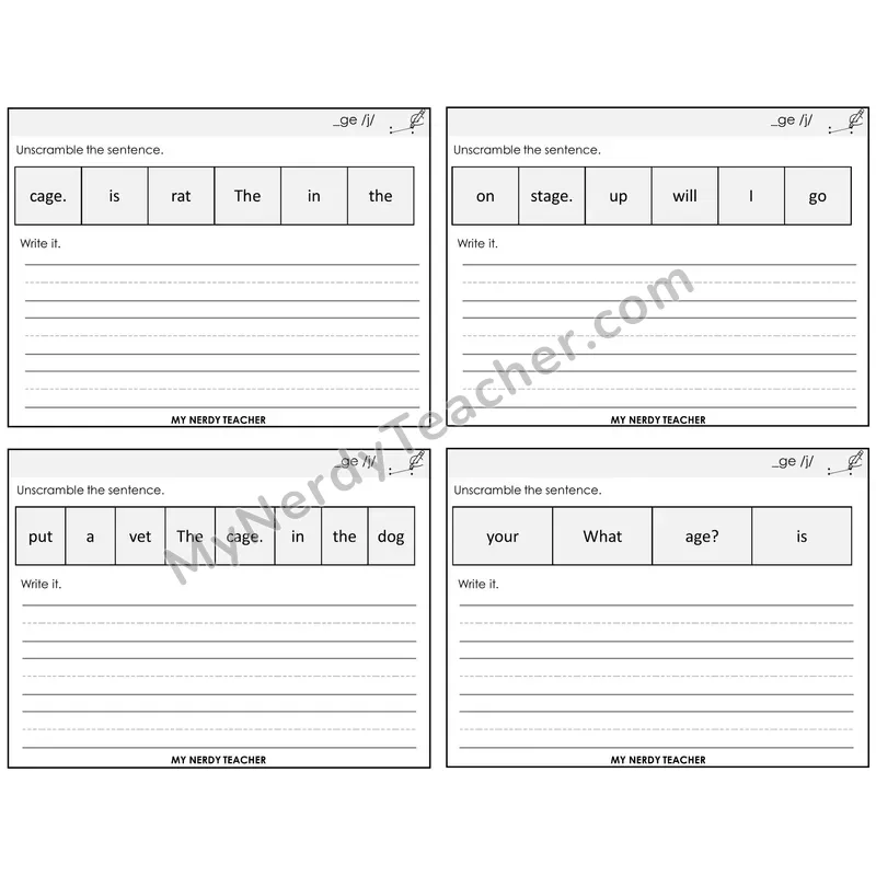 Soft G (_ge) Unscramble and Write Task Cards — Decodable Sentences