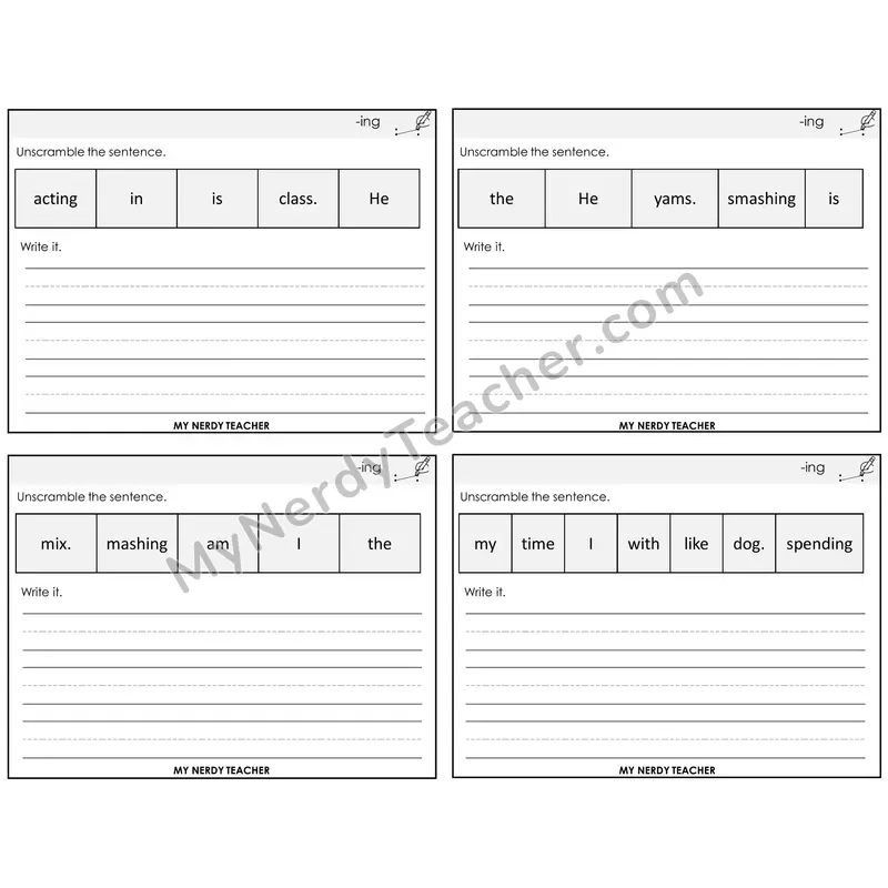Suffix -ing Unscramble and Write Task Cards — Decodable Sentences