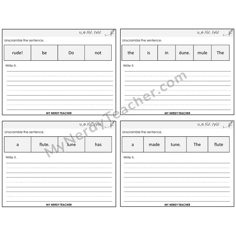 Long U VCe (u_e) Unscramble and Write Task Cards — Decodable Sentences