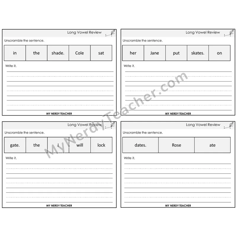 Long Vowels Review Unscramble and Write Task Cards — Decodable Sentences