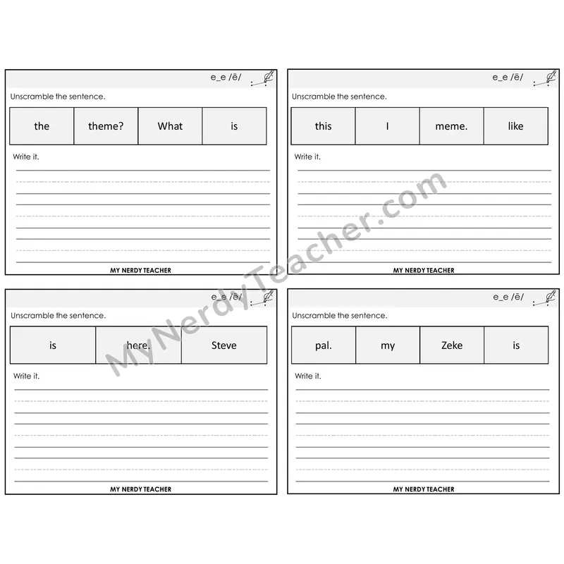 Long E VCe (e_e) Unscramble and Write Task Cards — Decodable Sentences