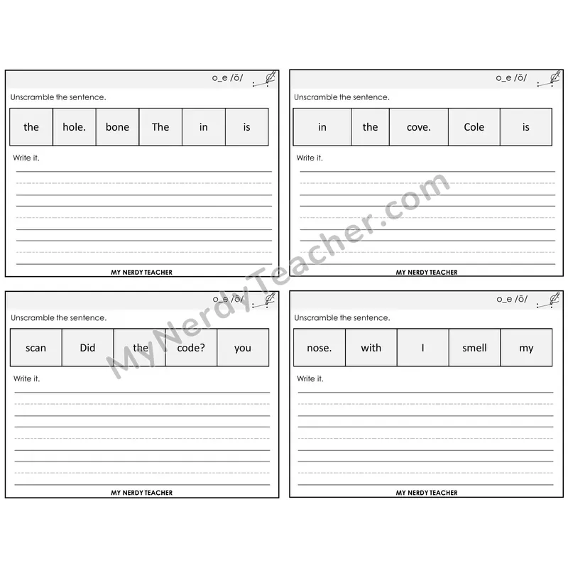 Long O VCe (o_e) Unscramble and Write Task Cards — Decodable Sentences