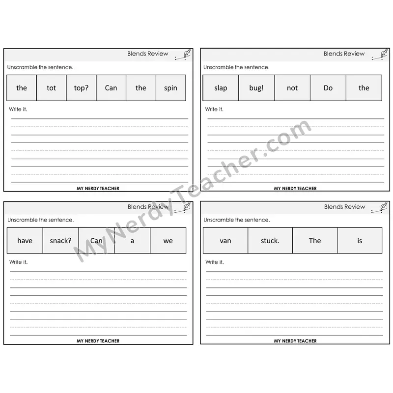 Blends Review Unscramble and Write Task Cards — Decodable Sentences