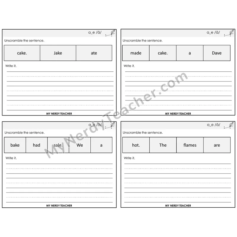 Long A VCe (a_e) Unscramble and Write Task Cards — Decodable Sentences