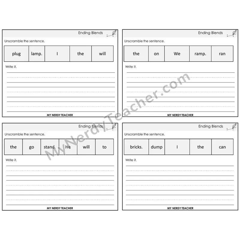 Ending Blends Unscramble and Write Task Cards — Decodable Sentences