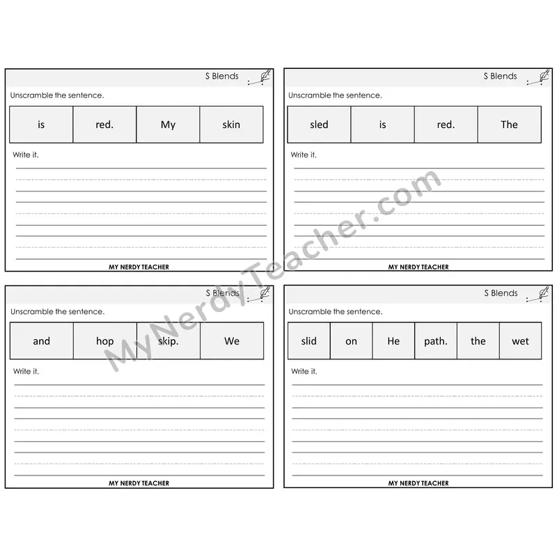 S Blends Unscramble and Write Task Cards — Decodable Sentences