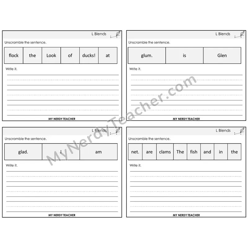 L Blends Unscramble and Write Task Cards — Decodable Sentences